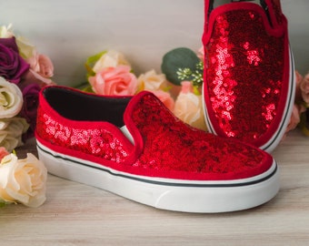 Red Sequin Slip Ons Sneakers, Prom Shoes for Women, Slip On Sneakers, Prom Red Sneakers, Bride Shoes, Bridesmaid Shoes, Gifts For Her