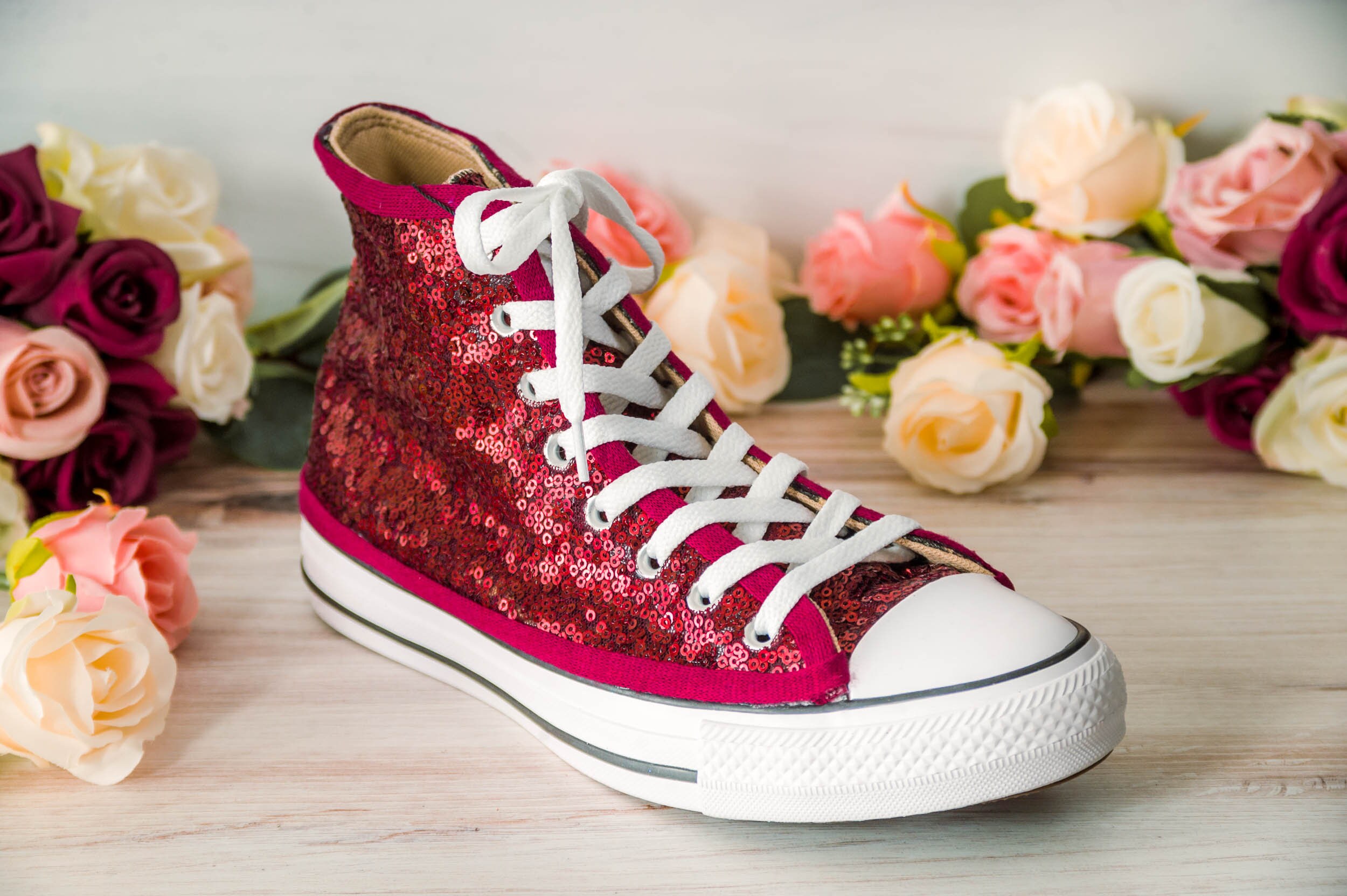 Wedding Sneakers for Bride Sparkle Burgundy Red Sequin High Top