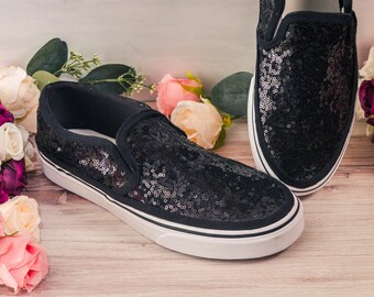 Custom Shoes for Women, Black Sequin Slip On Sneakers, Wedding Sneakers for Bride Sparkle, Prom Shoes, Gifts for Her, Halloween Costume