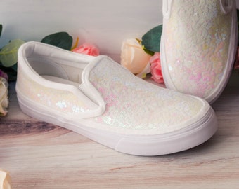 Wedding Sneakers for Bride Sparkle, Crystal Iris Mother of Pearl Iridescent Sequin Slip On Sneakers, Custom Shoes for Women