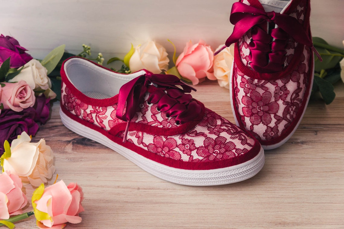 Wedding Sneakers for Bride Burgundy Lace White Sneakers image 1