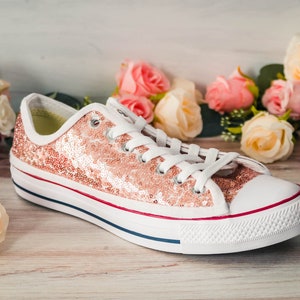 Wedding Sneakers for Women Sparkle, Rose Gold Sequin Low Top Sneakers, Custom Shoes for Women, Prom Sneakers, Wedding Sneakers for Bride image 3