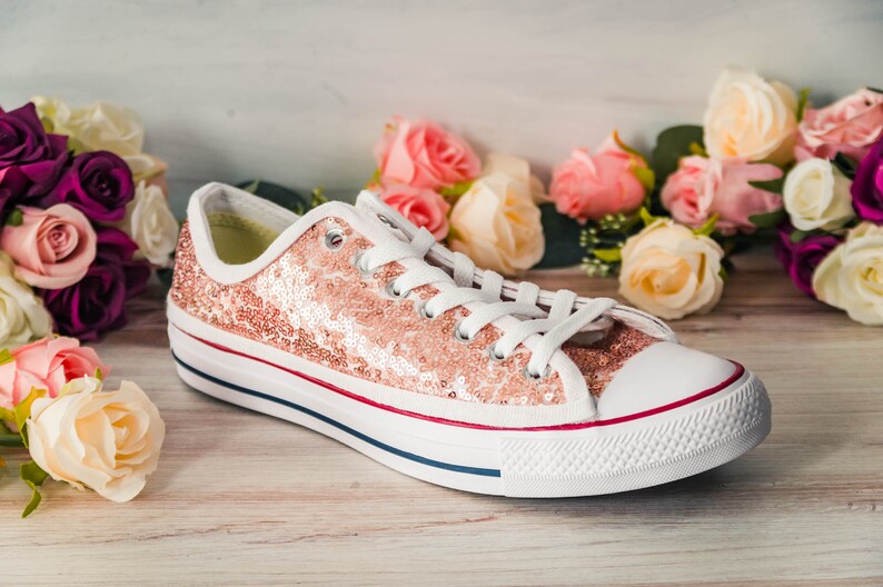 Wedding Sneakers for Women Sparkle, Rose Gold Sequin Low Top Sneakers, Custom Shoes for Women, Prom Sneakers, Wedding Sneakers for Bride image 3