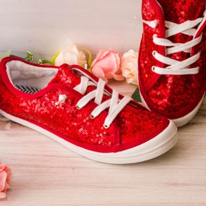Red Sequin Low Top Sneakers, Custom Wedding Shoes, Sparkle Tennis