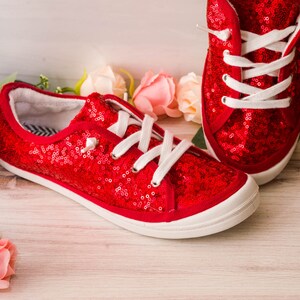 Red Sequin Low Top Sneakers, Custom Wedding Shoes, Sparkle Tennis