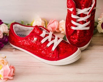 Red Wedding Sneakers, Red Sequin Slip On Sneakers, Custom Shoes for Women, Ruby Red Halloween Shoes, Flat Wedding Shoes, Gifts for Her