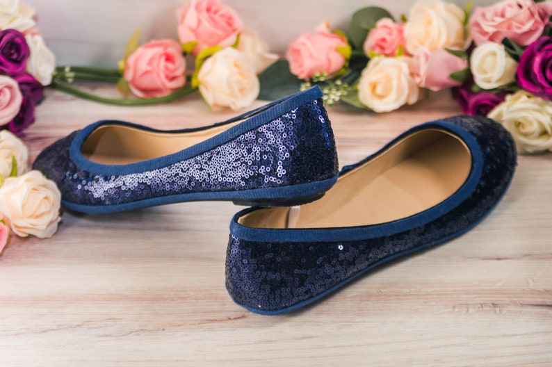 Wedding Shoes for Bride Flat, Ballet Flats with Ribbon, Wedding Shoes Flats, Navy Blue Sequin Ballet Flat with Ribbon, Gifts for Her image 4