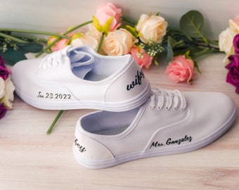 Wedding Sneakers for Bride, Personalized Text Bridal White Wedding Sneakers, Custom Shoes for Women, White Canvas Shoes Women