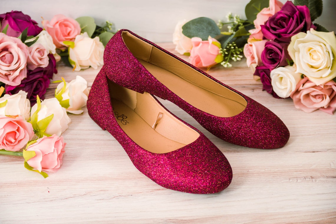 Wedding Shoes for Bride Sparkle Burgundy Glitter Ballet Flats image 5