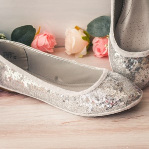 Wedding Shoes for Bride Flat, Silver Shoes for Wedding, Silver Shoes Girl, Sterling Silver Starlight Sequin Ballet Flats with Ribbon, Gifts