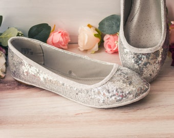 Wedding Shoes for Bride Flat, Silver Shoes for Wedding, Silver Shoes Girl, Sterling Silver Starlight Sequin Ballet Flats with Ribbon, Gifts