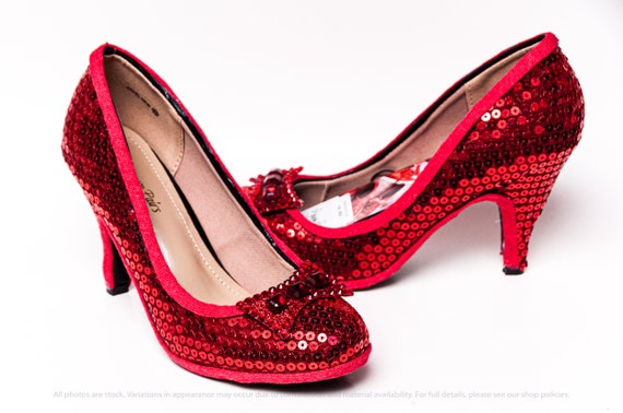 red sequin pumps