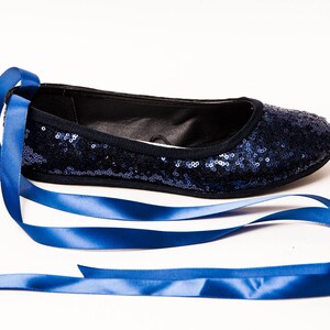 Wedding Shoes for Bride Flat, Ballet Flats with Ribbon, Wedding Shoes Flats, Navy Blue Sequin Ballet Flat with Ribbon, Gifts for Her image 6