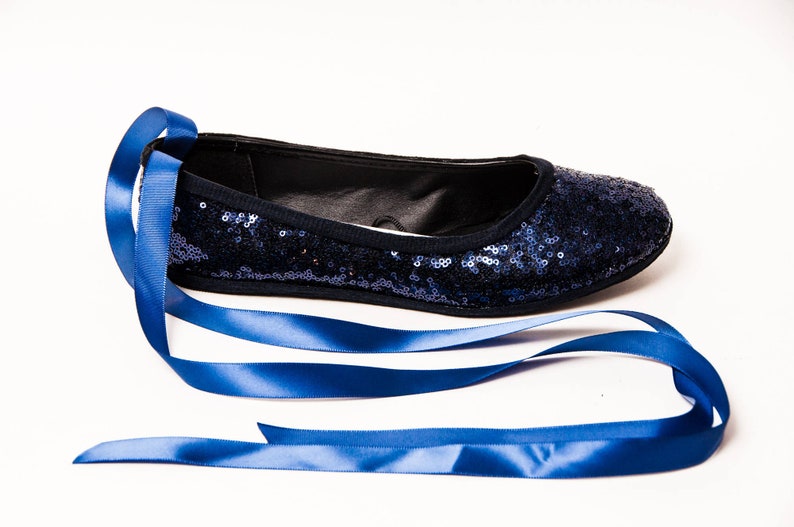 Wedding Shoes for Bride Flat, Ballet Flats with Ribbon, Wedding Shoes Flats, Navy Blue Sequin Ballet Flat with Ribbon, Gifts for Her image 6