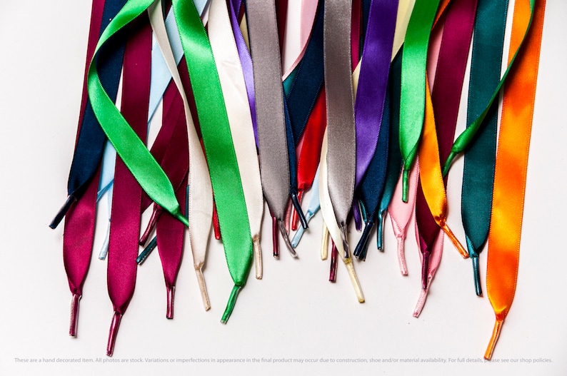 Individually handmade shoelaces made from quality single face satin ribbon at a 5/8", .375 inch, width. Over 75 different colors and lengths available: 36 inches, 48 inches, 54 inches, 63 inches, 72 inches, 96 inches.