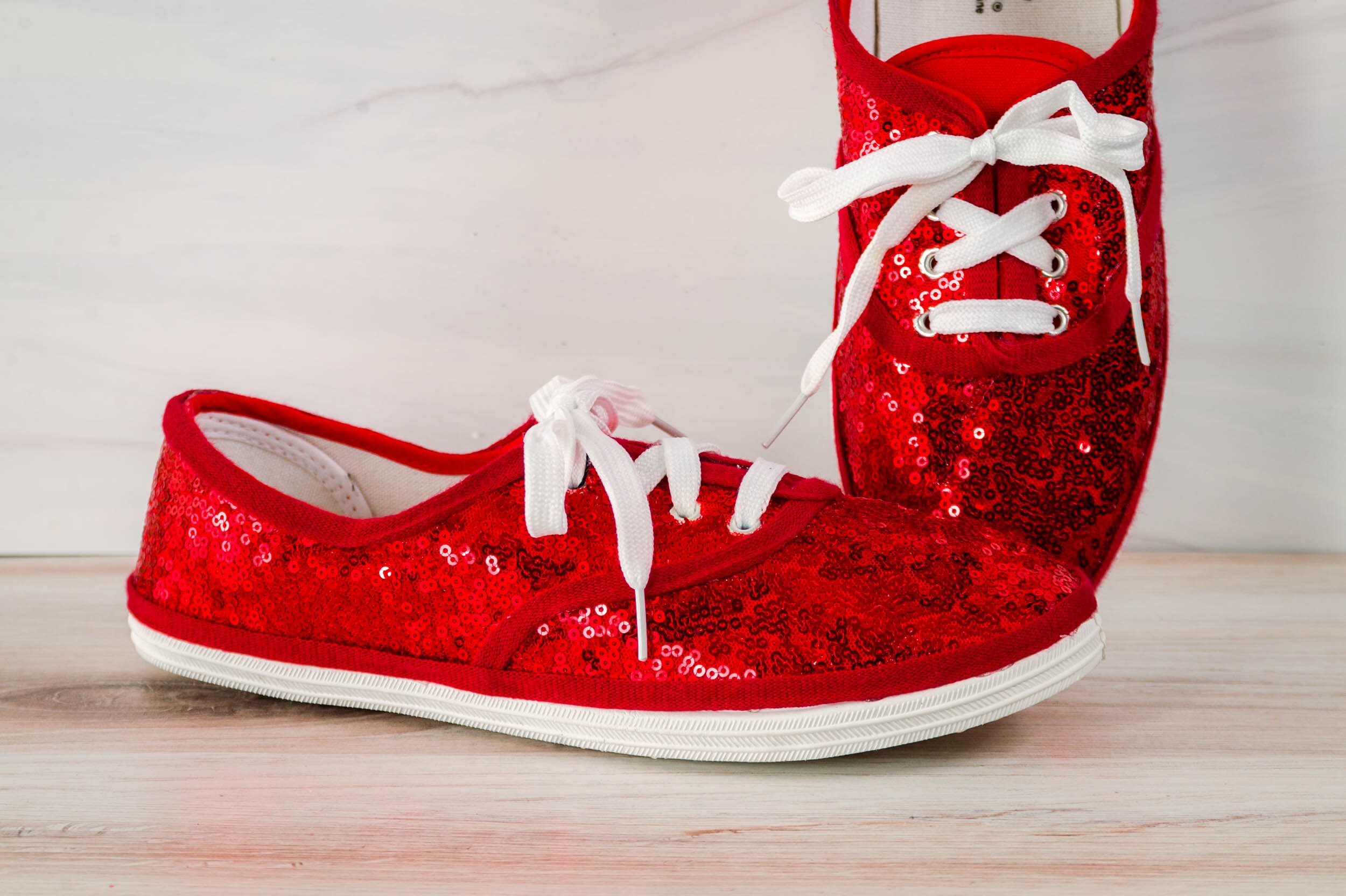 red sequin sneakers