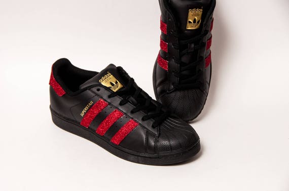 Red Over Black Glitter Adidas Superstars Ii Sneakers Etsy