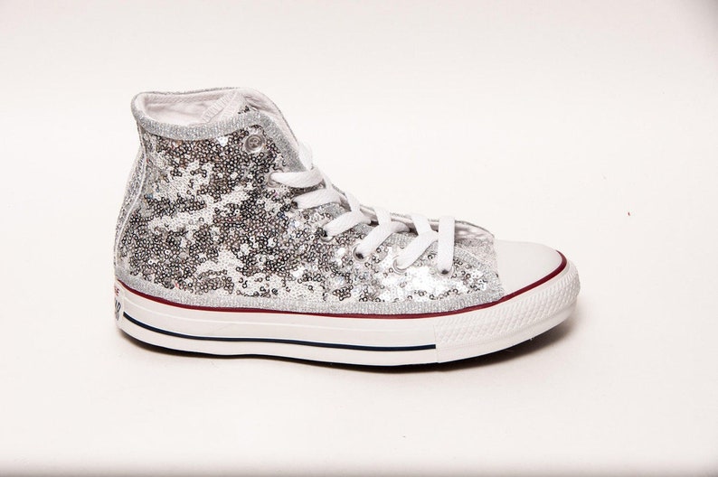 Silver Sequin Converse High Top Sneakers Over White Etsy
