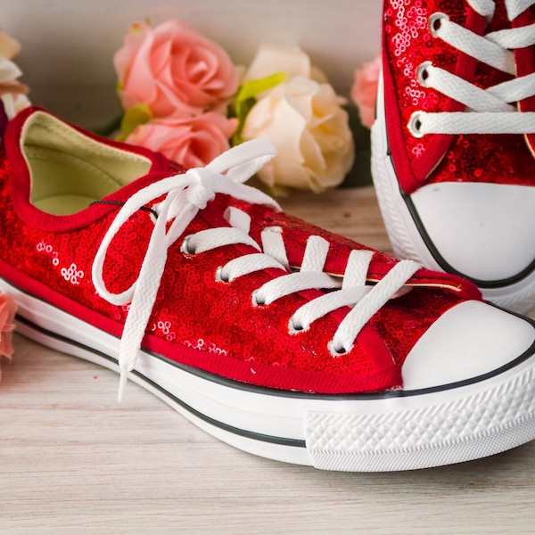 Wedding Sneakers Bride, Red Sequin Low Top Sneakers, Cosplay Shoes, Custom Shoes, Homecoming Dress, Halloween, Gifts for Her