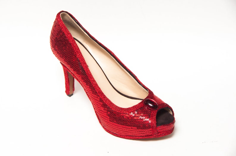 red sequin stilettos
