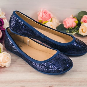 Wedding Shoes for Bride Flat, Ballet Flats with Ribbon, Wedding Shoes Flats, Navy Blue Sequin Ballet Flat with Ribbon, Gifts for Her image 2