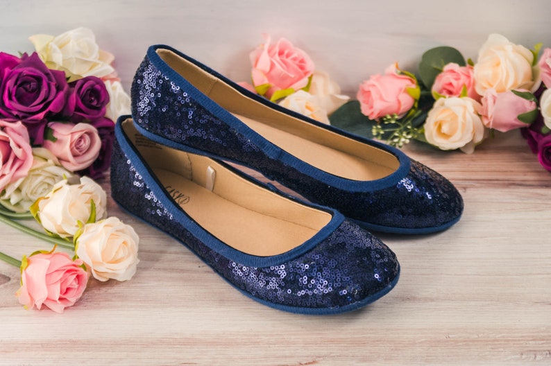 Wedding Shoes for Bride Flat, Ballet Flats with Ribbon, Wedding Shoes Flats, Navy Blue Sequin Ballet Flat with Ribbon, Gifts for Her image 2