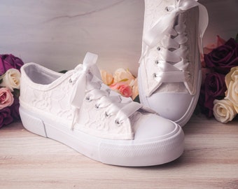 White Platform Wedding Sneakers for Bride, White Lace Canvas Sneakers, Sneakers for Brides, White Bridal Lace Shoes, Bridal Sneakers Comfy