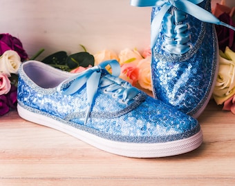 Baby Blue Sequin Sneakers, Wedding Sneakers for Bride, Sparkle Sneakers, Low Top Tennis Shoes, Costume Shoes, Womens Canvas Sneakers