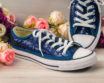 Eye-Catching Navy Blue Sequin Sneakers, Low Top Glitter Shoes, Sparkle Footwear, Trendy Sneakers, Fashionable Shoes