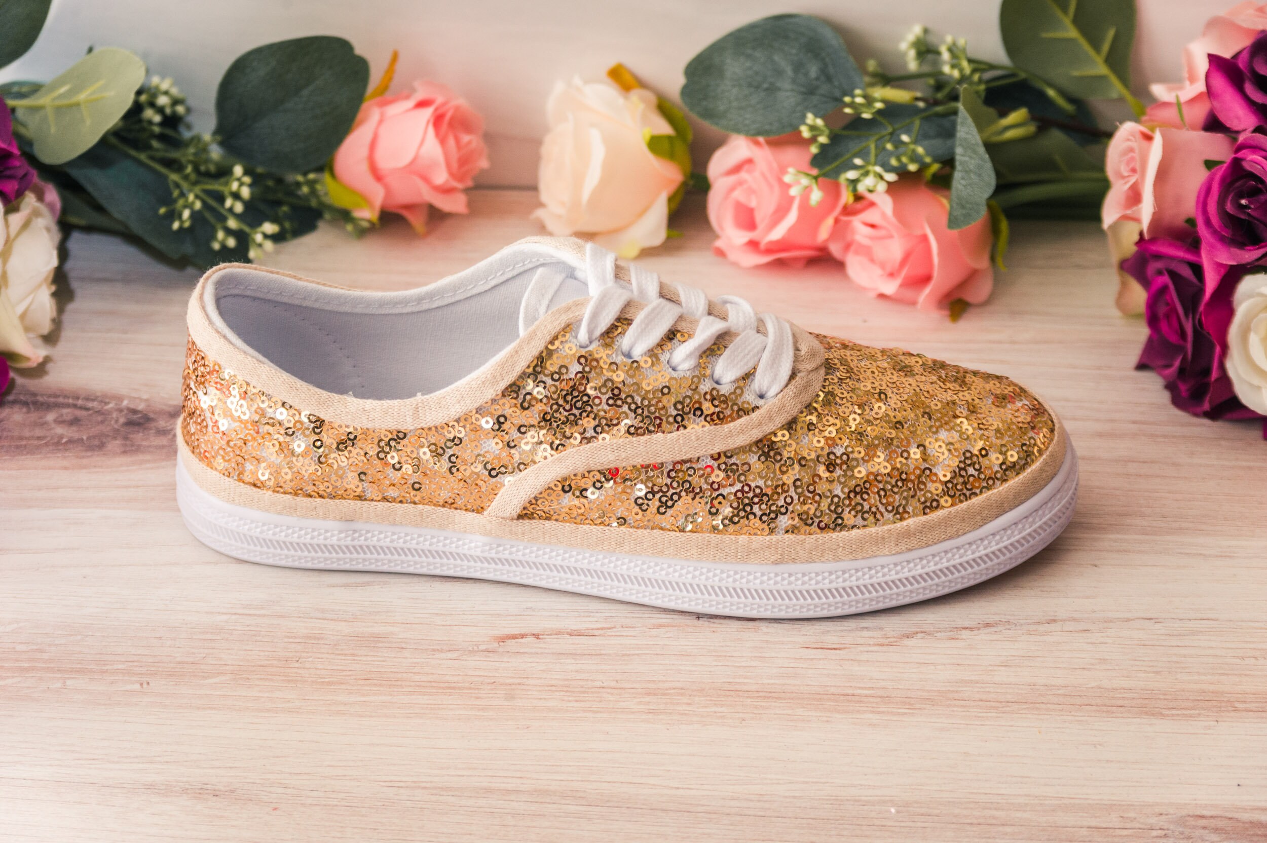 Gold glitter sales canvas shoes