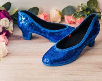 Gifts For Her, Sapphire Blue Sequin French Scoop Heels, Sparkle Shoes Women, Something Blue Wedding Shoes, Sequin High Heels