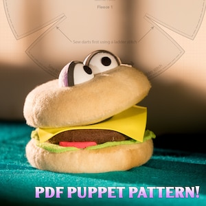 Downloadable PDF Puppet Pattern, Cheeseburger Burger Professional Hand Puppet by Prairie Puppets