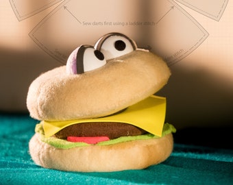 Downloadable PDF Puppet Pattern, Cheeseburger Burger Professional Hand Puppet by Prairie Puppets