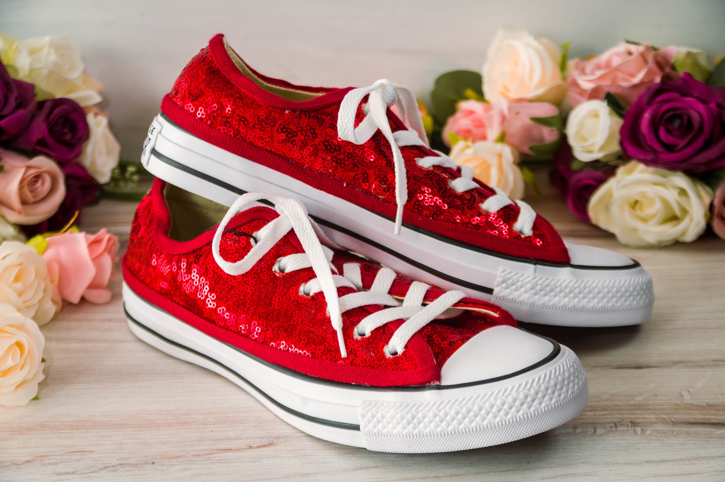 red sequin sneakers