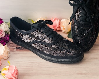 Black Wedding Shoes for Women, Custom Shoes for Women, All Black Monochrome Sequin Sneakers, Halloween, Brides, Bridesmaids, Cosplay