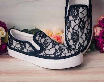Wedding Sneakers for Bride, Comfy Bridal Black Lace Slip On Over White Sneakers for Brides, Gothic Wedding Shoes, Gothic Black Lace Sneakers