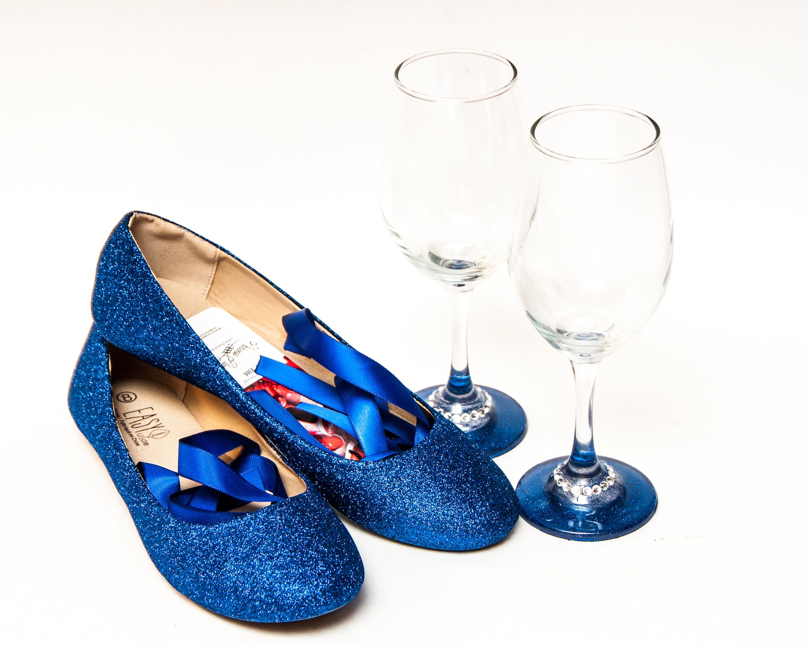 bridal - perfect party pack glitter royal blue ballet flats shoes with matching his and her wine glasses