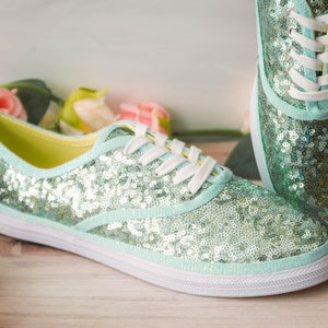 Wedding Sneakers for Bride Sparkle, Wedding Shoes Bride Flat, Mint Green Sequin Sneakers, Custom Shoes for Women, Gifts for Her,