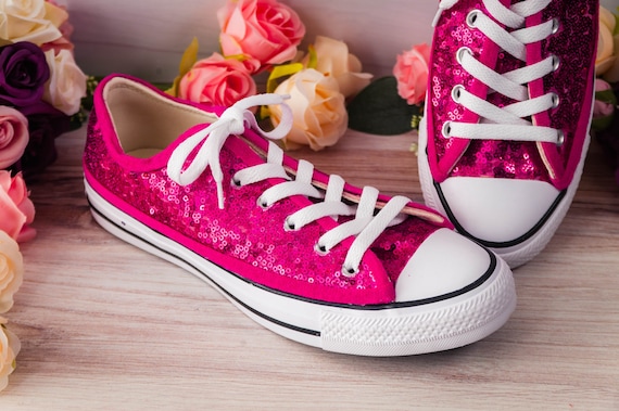 Custom Prom Shoes for Women, Hot Fuchsia Pink Sequin Low Top