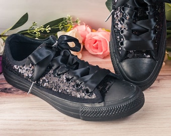 Octoberfest Costume, Custom Shoes for Women, Black Monochrome Sequin Low Top Sneakers, Halloween Costume Women, Midnight Black Sneakers