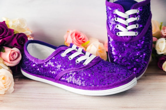 Sparkle Sneakers Women, Purple Sequin Canvas Sneakers, Custom