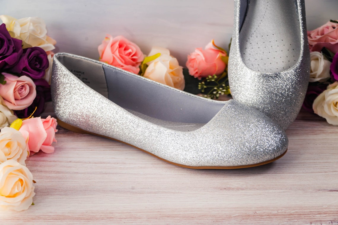 Flat Wedding Shoes for Bride Sparkle Silver Glitter Ballet image 1