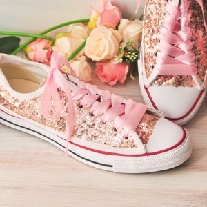 Wedding Sneakers for Women Sparkle, Rose Gold Sequin Low Top Sneakers, Custom Shoes for Women, Prom Sneakers, Wedding Sneakers for Bride Rose Gold W/Ribbons