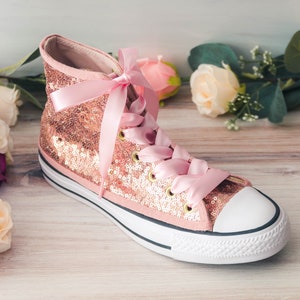 Wedding Sneakers for Bride Sparkle, Rose Gold Sequin High Top Sneakers ...