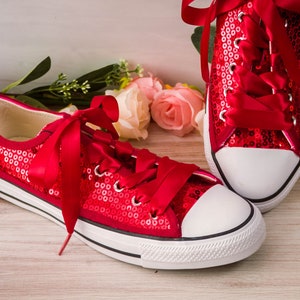 Red Sequin Low Top Sneakers, Custom Wedding Shoes, Sparkle Tennis Shoes, Halloween Costume Shoes, Red Bling Holiday Christmas Party Shoes