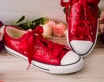 Red Sequin Low Top Sneakers, Custom Wedding Shoes, Sparkle Tennis Shoes, Halloween Costume Shoes, Red Bling Holiday Christmas Party Shoes