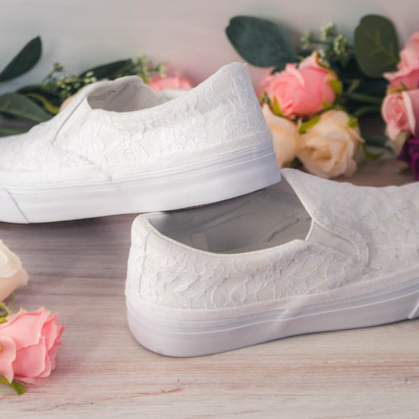 Wedding Sneakers for Bride, Comfy Bridal White Lace Slip On Sneakers for Brides, Bridesmaid Gift, Reception Shoes, Custom Shoes