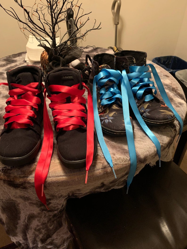 Individually handmade shoelaces made from quality single face satin ribbon at a 5/8", .375 inch, width. Over 75 different colors and lengths available: 36 inches, 48 inches, 54 inches, 63 inches, 72 inches, 96 inches.