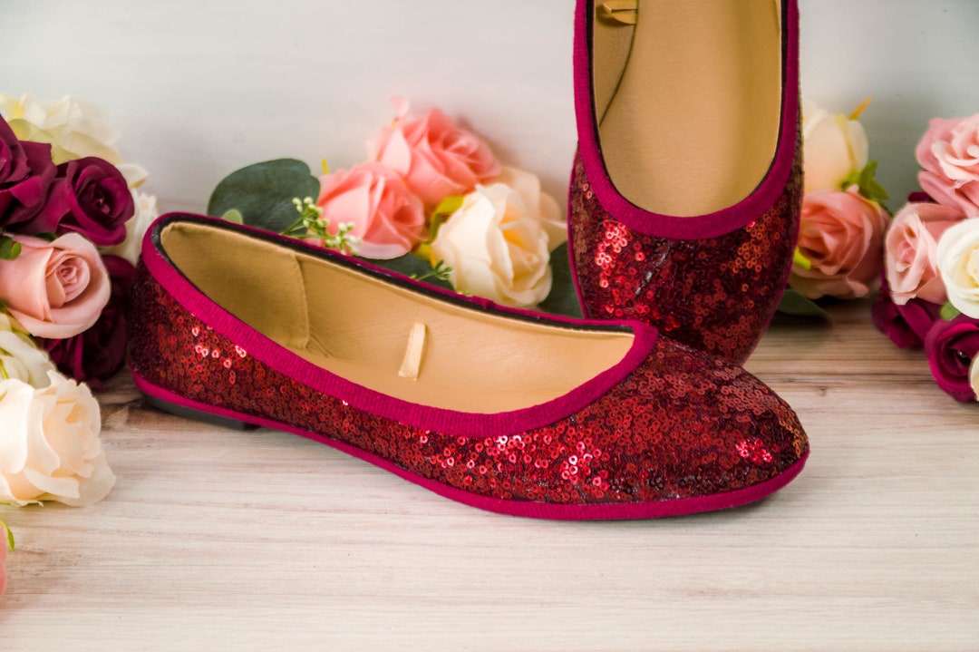 Burgundy Red Sequin Ballet Flats, Sparkly Wedding Shoes, Bridal Flats