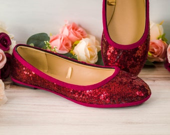 Burgundy Red Sequin Ballet Flats, Sparkly Wedding Shoes, Bridal Flats, Red Sequin Shoes, Elegant Footwear
